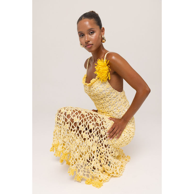 Thumbnail of Butter Yellow Chrysanthemum Midi Handmade Crochet Dress image