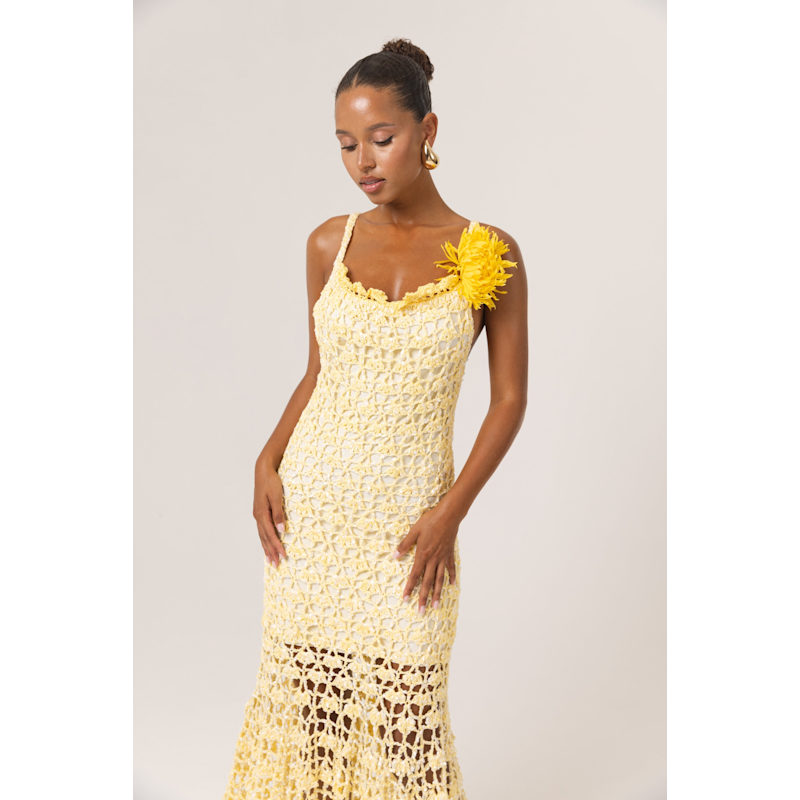 Thumbnail of Butter Yellow Chrysanthemum Midi Handmade Crochet Dress image