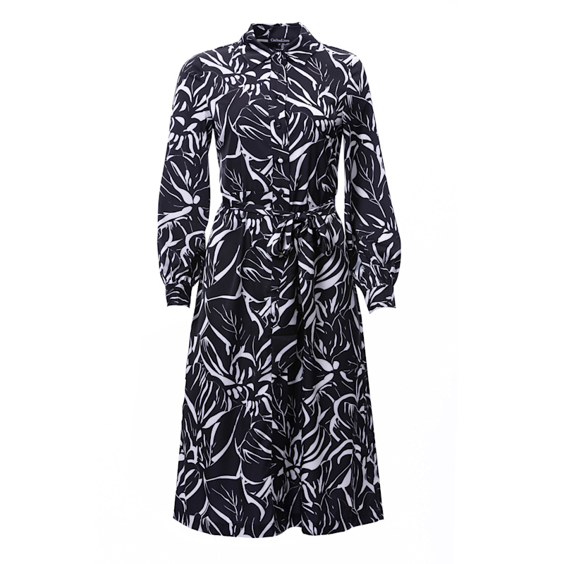 Carloslines Button-Down Shirt Dress in Contrasted Leaves Print - Black