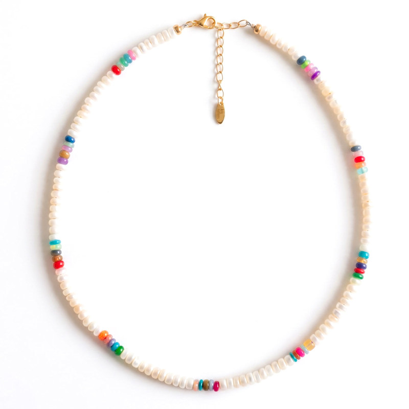 Thumbnail of Button Freshwater Pearls & Multicolor African Opal Beaded Necklace - Gold image
