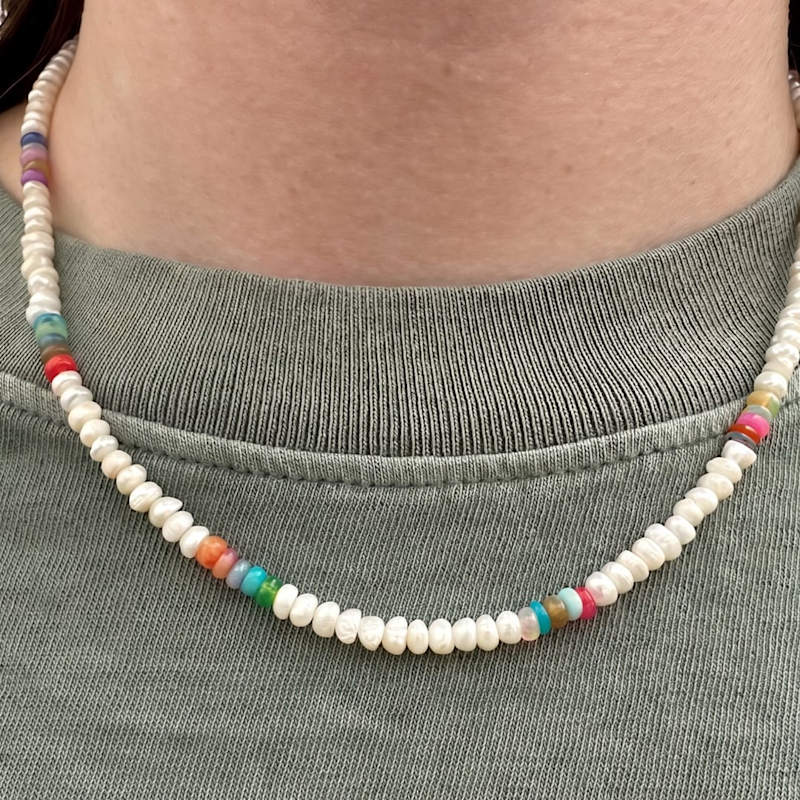 Thumbnail of Button Freshwater Pearls & Multicolor African Opal Beaded Necklace - Gold image