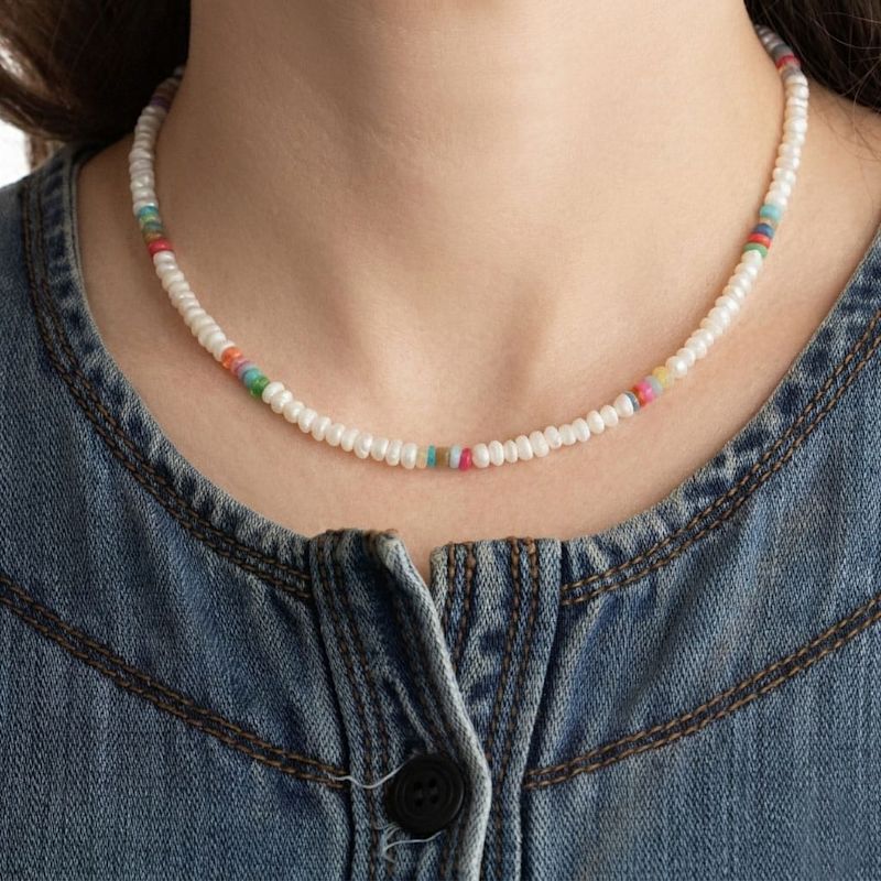 Thumbnail of Button Freshwater Pearls & Multicolor African Opal Beaded Necklace - Gold image