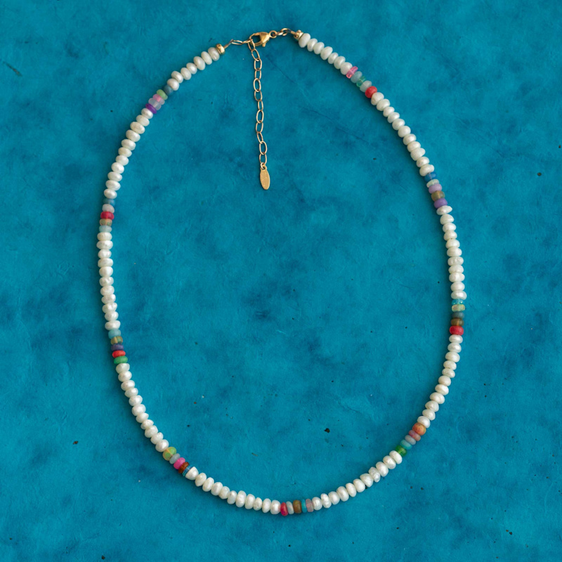 Thumbnail of Button Freshwater Pearls & Multicolor African Opal Beaded Necklace - Gold image
