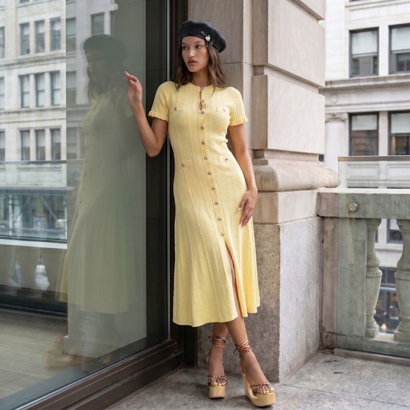 knit midi dress short sleeve Button Front Knit Midi Dress with Short Sleeves and Textured Detail