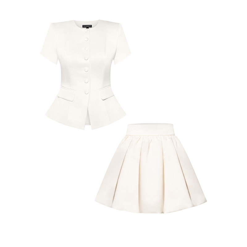 Thumbnail of Button Up Short Sleeves Blazer & Skirt Set - Pearl White image