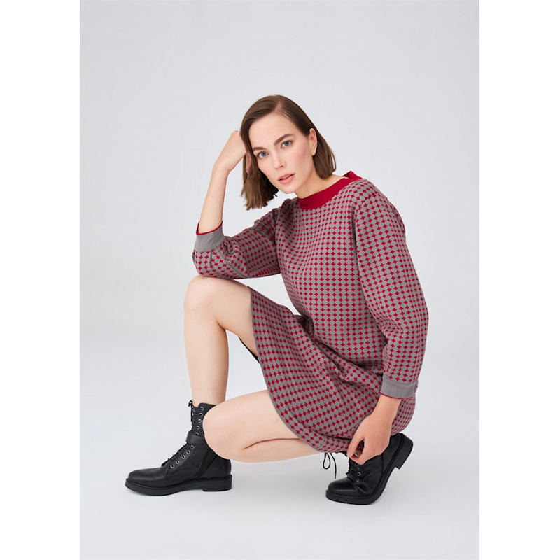 Thumbnail of Organic Cotton Wide O-Neck 3/4 Pleated Sleeve Above-Knee Knitwear Dress - Grey/Bordeaux image