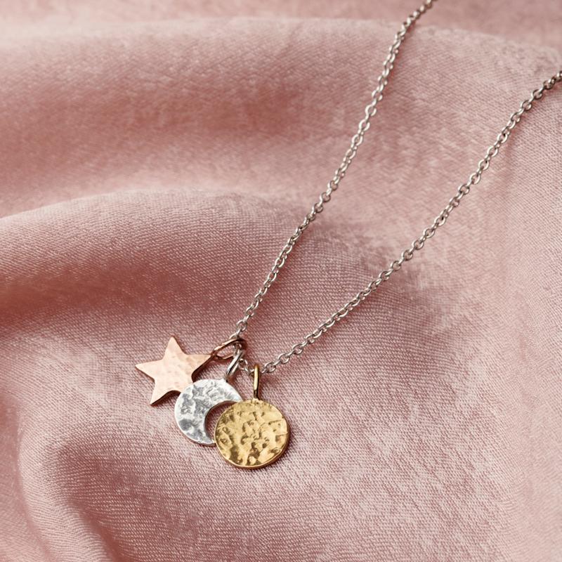 Thumbnail of Textured Mixed Gold Sun Moon & Star Necklace image