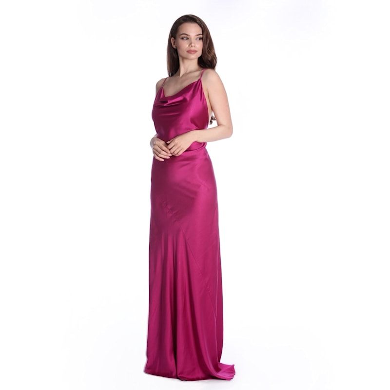Thumbnail of Tulum Cowl Neck Satin Maxi Dress In Fuchsia image