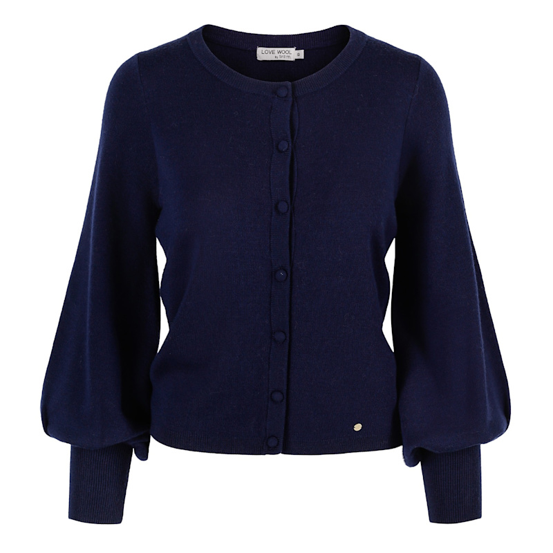 Thumbnail of "Ava" Merino Wool Cardigan With Balloon Sleeves -Navy  Blue image