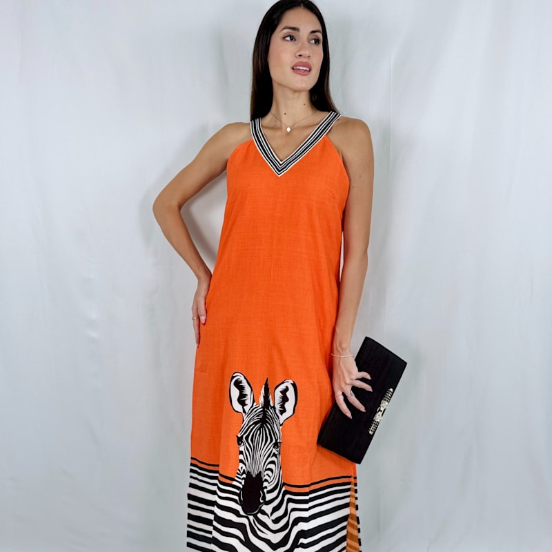 Cabo Midi | Zebra Orange  V-Neck Midi Dress With Zebra Motif & Black-And-White  Striped Hem In Cotton | IslaPayal | Wolf & Badger