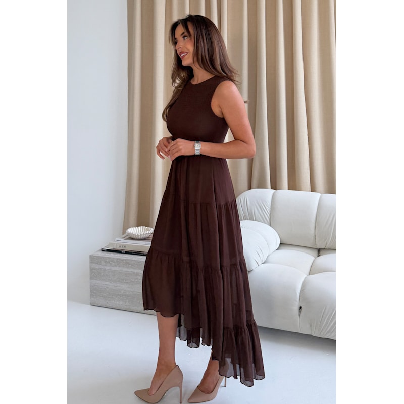 Calla Shirred Top Tiered Midi Dress Brown by Girl In Mind