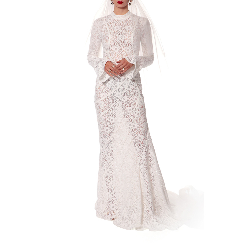 Thumbnail of Cameron Off White Lace Maxi Dress With A Fishtail Train image