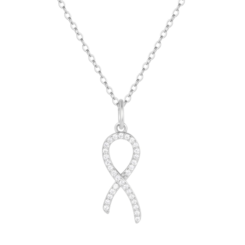 Thumbnail of Cancer Ribbon Necklace With Crystals - Silver image