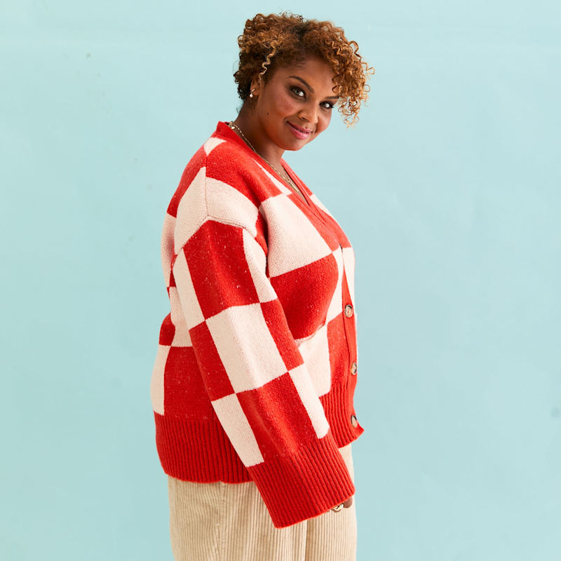 Candice Checked Wide Sleeve Cardigan - Red & White | Cara & The