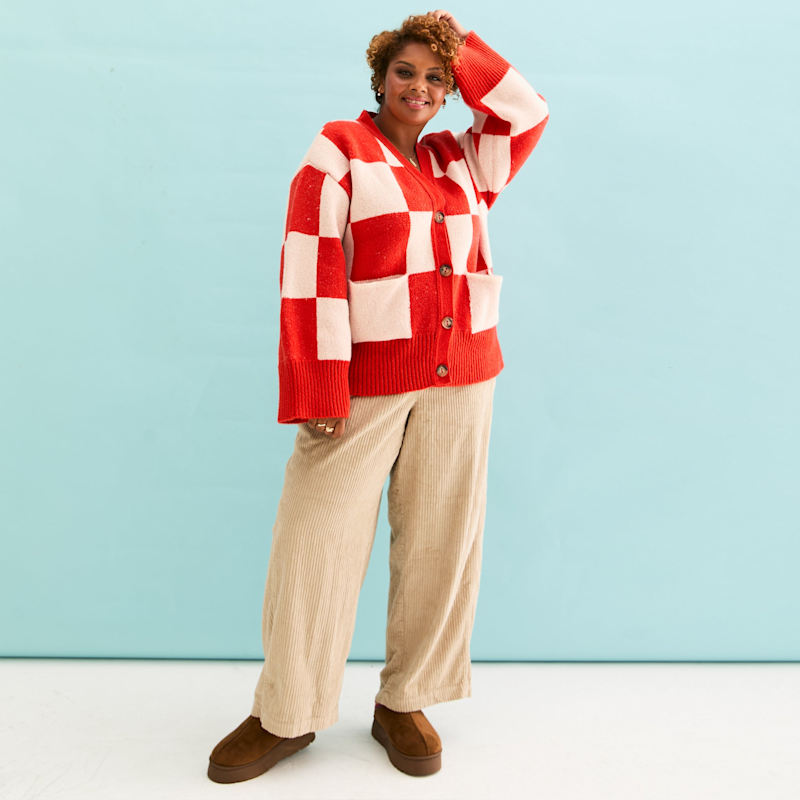 Candice Checked Wide Sleeve Cardigan - Red & White | Cara & The