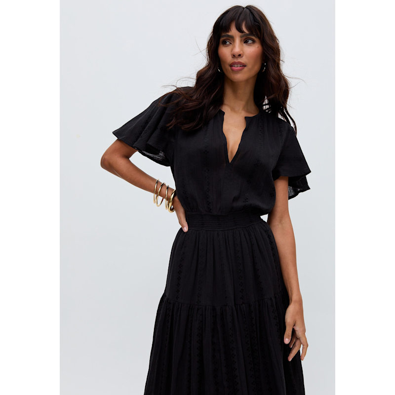 Thumbnail of Candice Flutter Sleeve Jacquard Maxi Dress In Black image