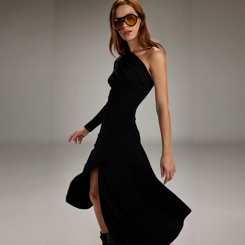 navy blue dress for baby girl Suvi Asymmetric Neckline Ruched Cut Out Maxi Dress in Black main image 1