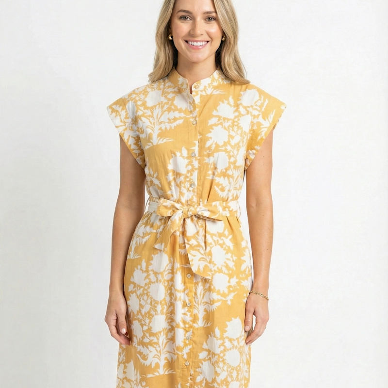 Thumbnail of Cap Sleeve Classy Shirt Dress Cotton Butterscotch image