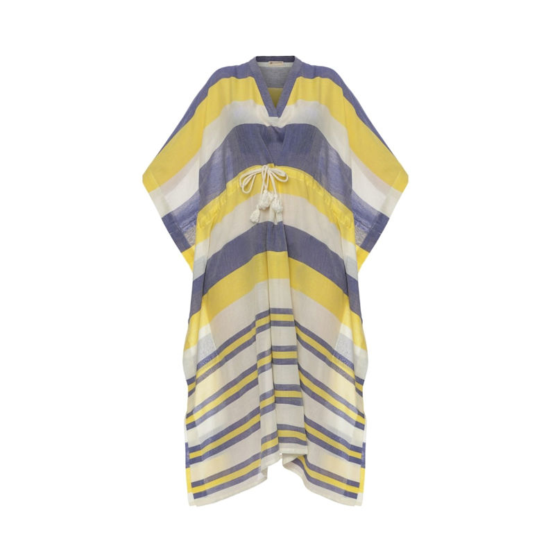 Thumbnail of Capri Handwoven Sheer Cotton Kaftan – Yellow & Blue Stripes With Adjustable Drawstring image