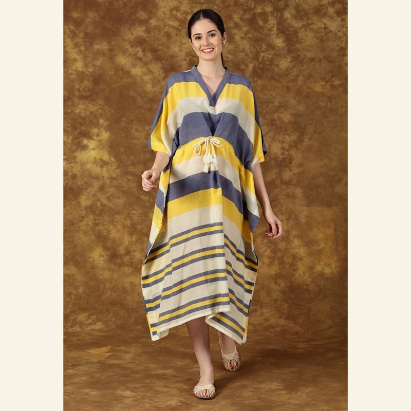 Thumbnail of Capri Handwoven Sheer Cotton Kaftan – Yellow & Blue Stripes With Adjustable Drawstring image