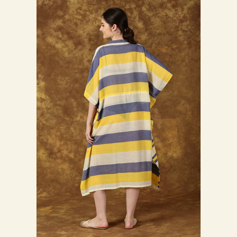 Thumbnail of Capri Handwoven Sheer Cotton Kaftan – Yellow & Blue Stripes With Adjustable Drawstring image