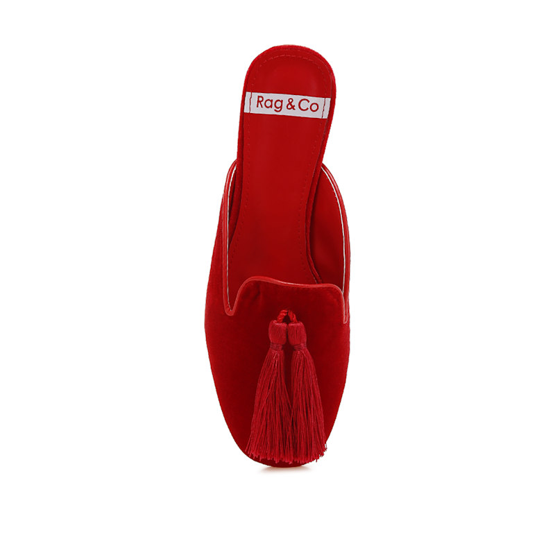 Thumbnail of Cardinal Tassel Detail Velvet Mules In Red By Rag & Co image