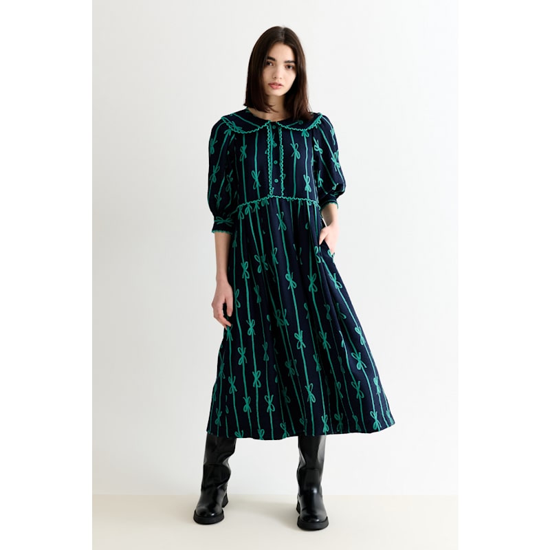 Thumbnail of Caris Tie Up Statement Collar Three Quarter Sleeve Midi Dress – Navy image