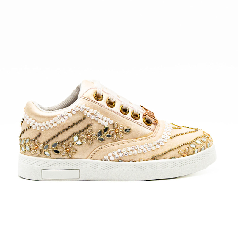 Thumbnail of Caroline Luxury Buttermilk Satin Handmade Embellished Tennis Shoe image