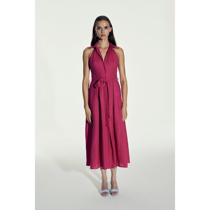 Thumbnail of Carrie Linen Midi Dress In Berry Pink image