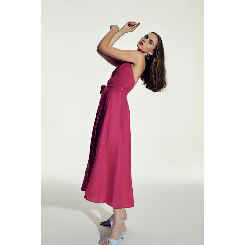 Thumbnail of Carrie Linen Midi Dress In Berry Pink image