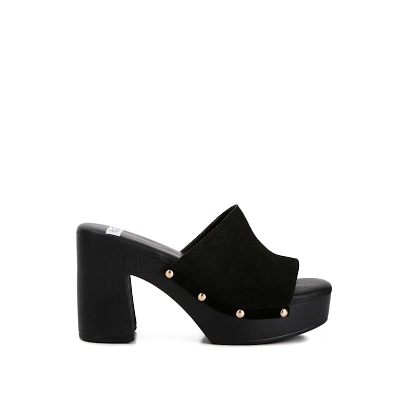 Cartera Soft Suede High Block Heel Clogs In Black Rag Co