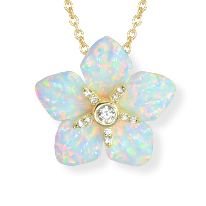 Thumbnail of Carved Opal Flower Necklace With Crystals - Fuchsia image