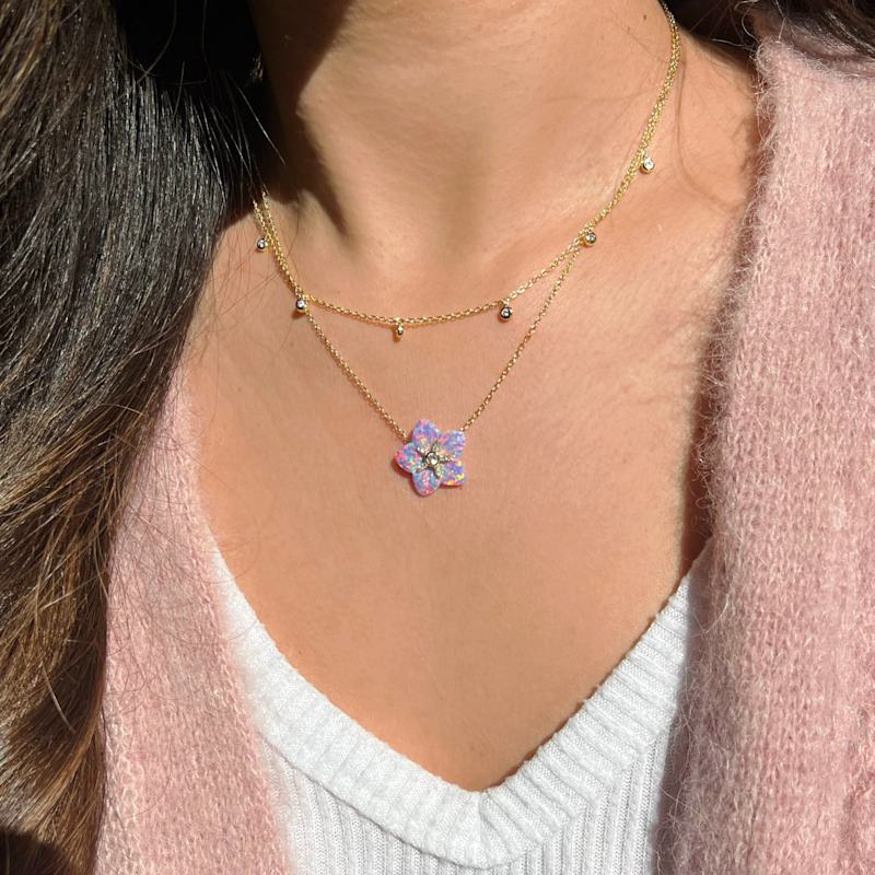 Thumbnail of Carved Opal Flower Necklace With Crystals - Fuchsia image