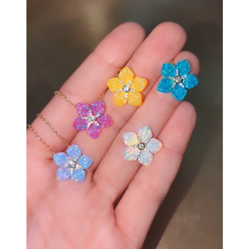 Thumbnail of Carved Opal Flower Necklace With Crystals - Fuchsia image
