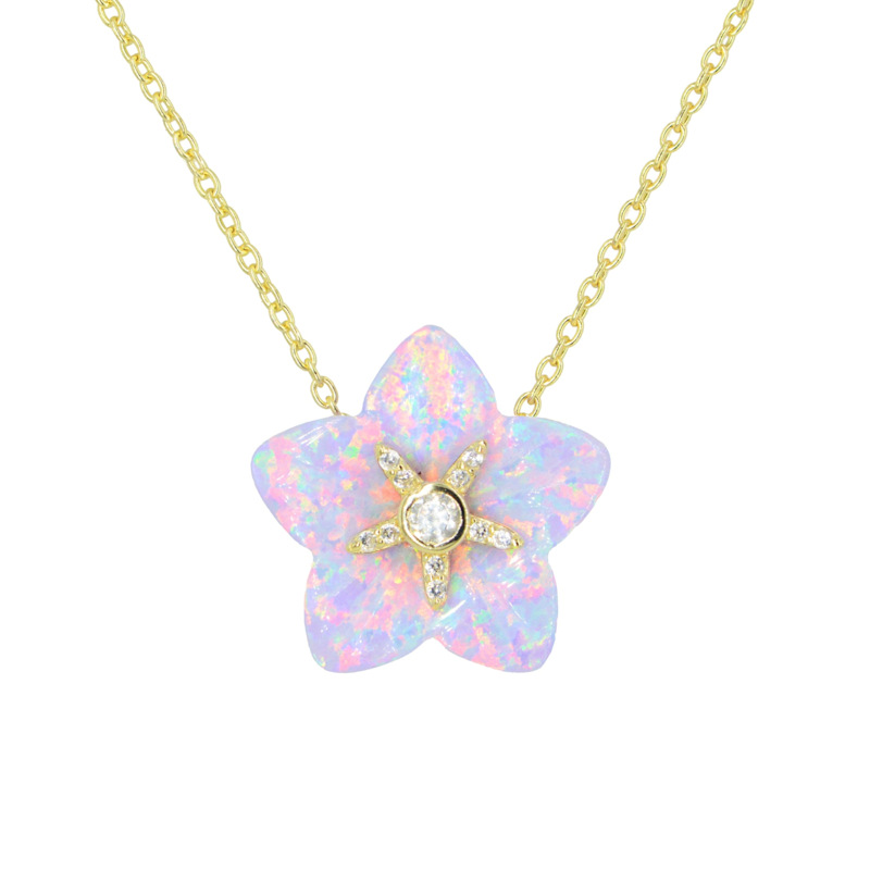 Thumbnail of Carved Opal Flower Necklace With Crystals - Fuchsia image