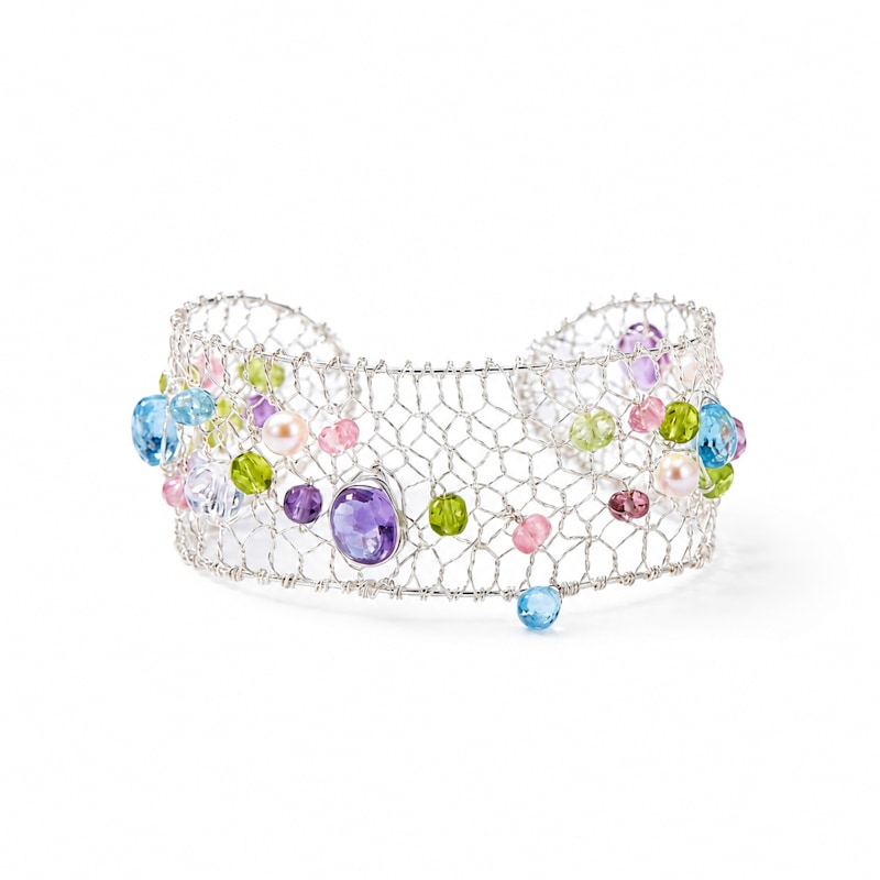 Thumbnail of Celestia Multi-Gemstone & Pearl Silver Mesh Bracelet image