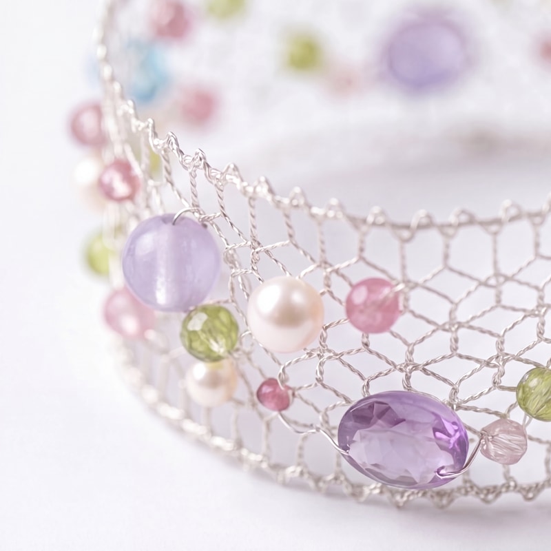 Thumbnail of Celestia Multi-Gemstone & Pearl Silver Mesh Bracelet image