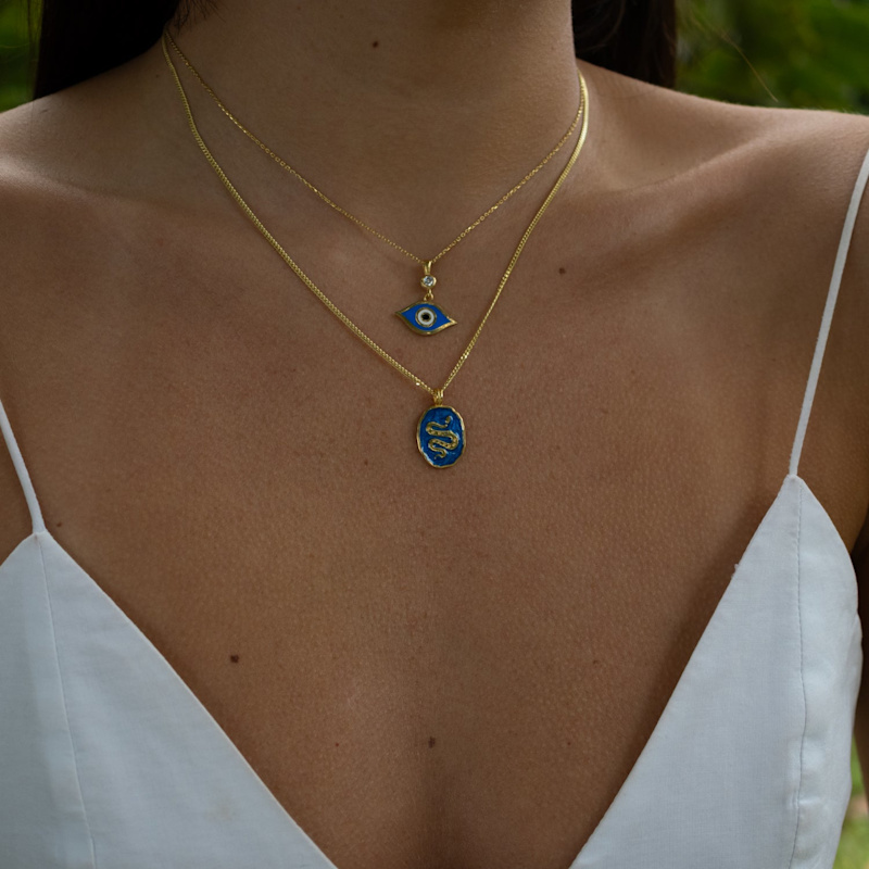 Thumbnail of Celestial Protection Deep Blue Evil Eye Gold Necklace - Blue image