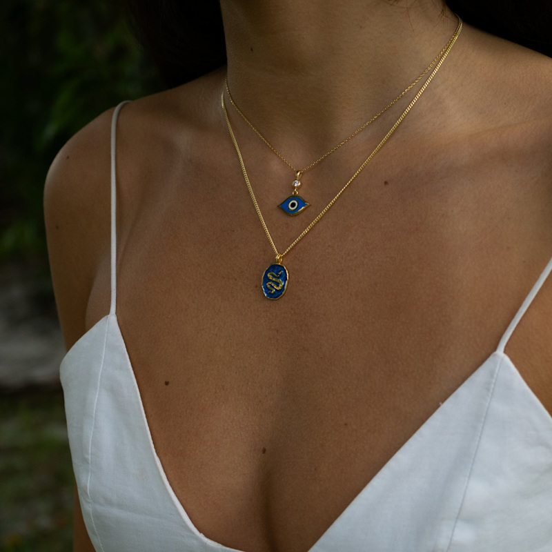 Thumbnail of Celestial Protection Deep Blue Evil Eye Gold Necklace - Blue image