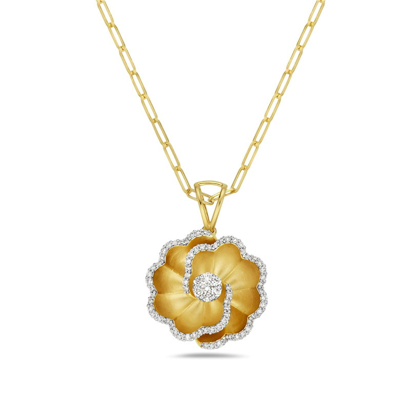 Thumbnail of Round Diamond Floral Pendant Necklace In 14K Yellow Gold image