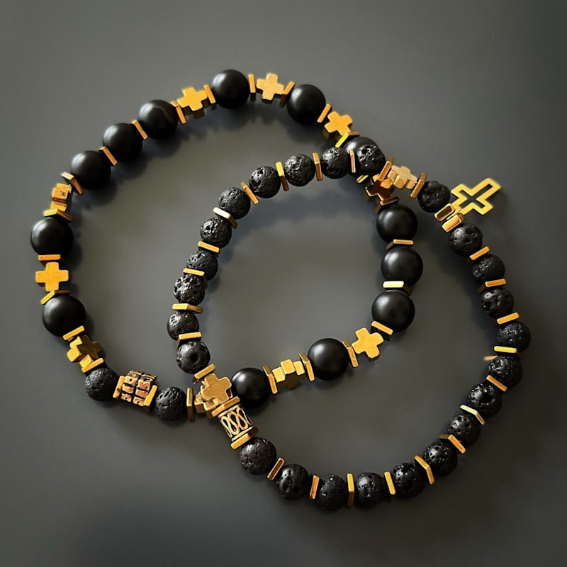 Thumbnail of Gold Cross Charm Black Onyx Stone Beaded Bracelet Set - Black image
