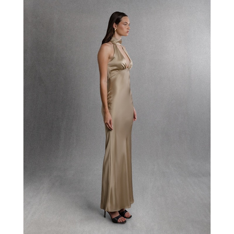 champagne satin halter dress Neck Maxi by Aisl formal champagne color dress