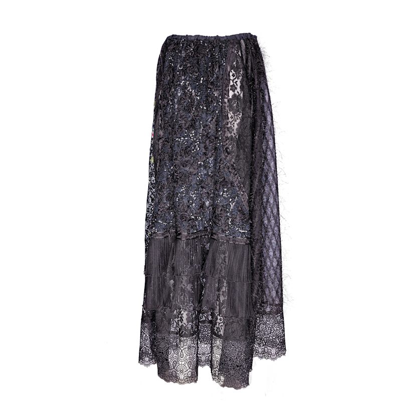 Thumbnail of Chapel - Black Maxi Skirt With Embroidered Floral And Sparkle Lace And Fringe With Frills image