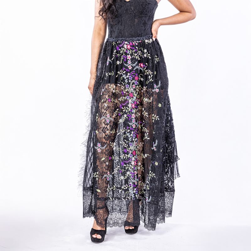 Thumbnail of Chapel - Black Maxi Skirt With Embroidered Floral And Sparkle Lace And Fringe With Frills image