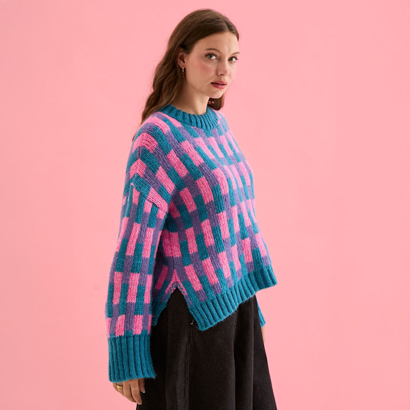 Thumbnail of Charlotte Geometric Pattern Wide Sleeve Knit Jumper - Teal image