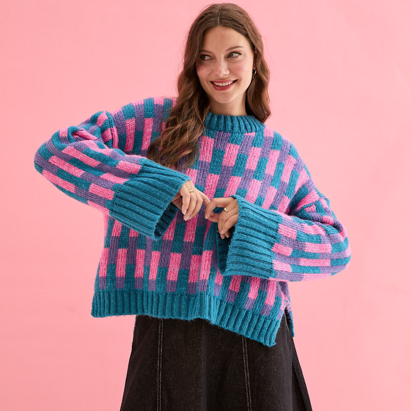 Thumbnail of Charlotte Geometric Pattern Wide Sleeve Knit Jumper - Teal image