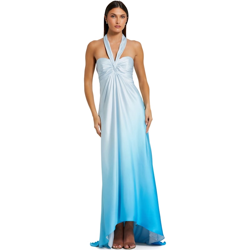 Thumbnail of Charmeuse Tie Halter Neck Ombre Blue Gown image