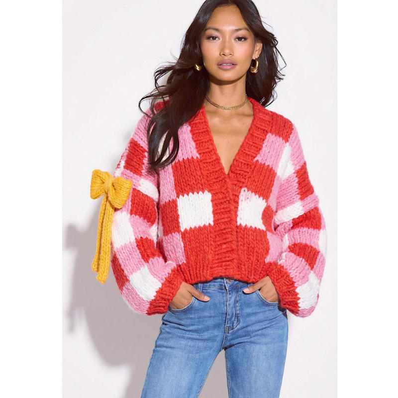 Thumbnail of Checked Pattern Design Hand Knit Cardigan image
