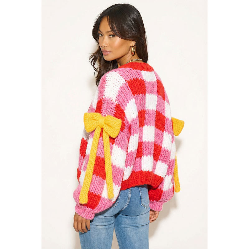 Thumbnail of Checked Pattern Design Hand Knit Cardigan image