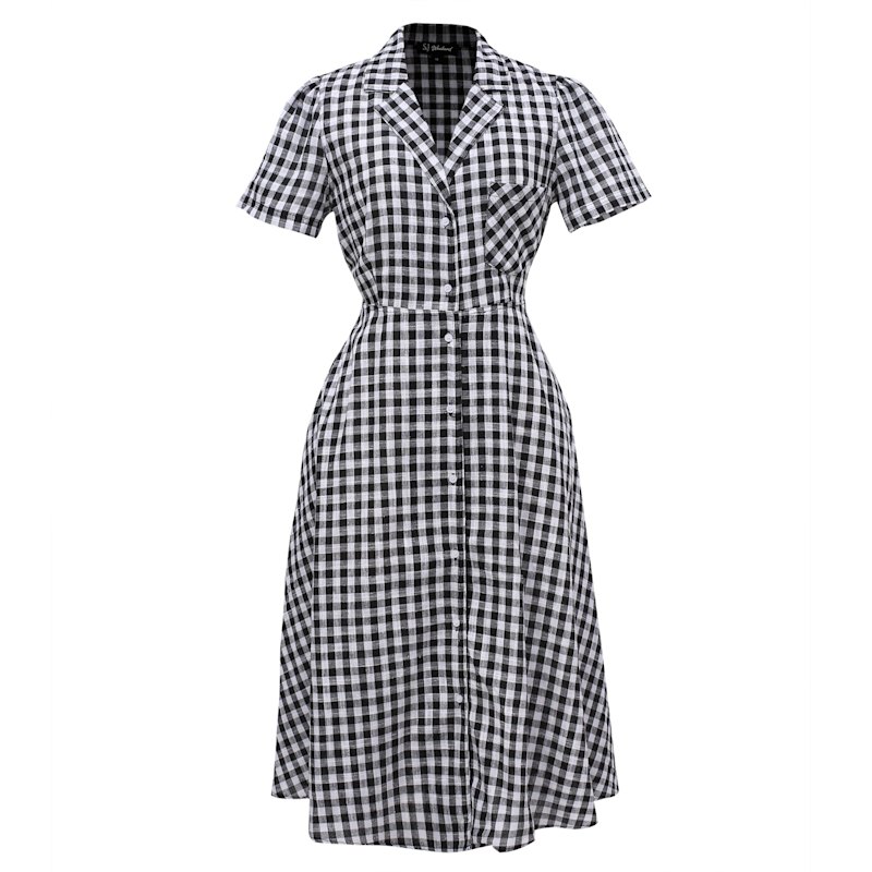 Checks Shirt Dress With Tailor Collar - Black & White
